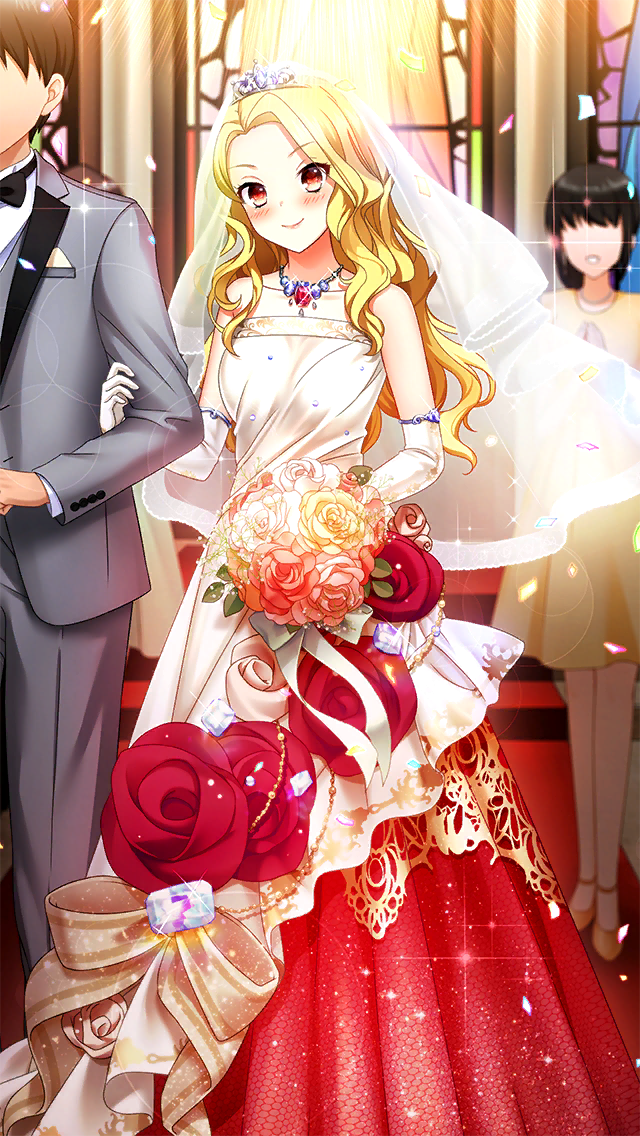 1boy, 2girls, blonde_hair, blush, bouquet, bridal_veil, brown_eyes, closed_mouth