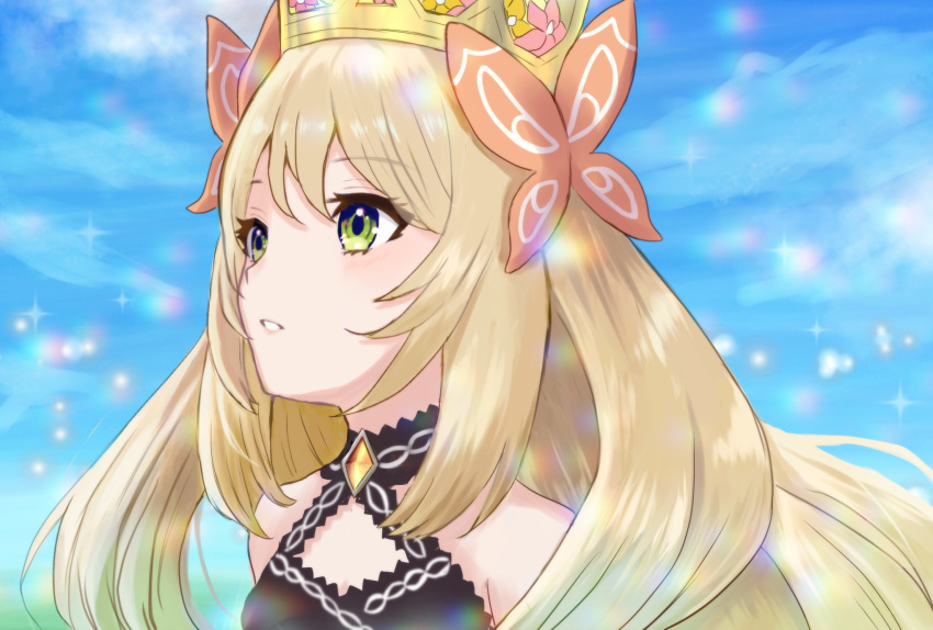 1girl, black_choker, blonde_hair, blurry, blurry_background, butterfly_hair_ornament, celine_(fire_emblem), choker, crown, fire_emblem, fire_emblem_engage, green_eyes, hair_between_eyes, hair_ornament, highres, long_hair, looking_afar, parted_lips, portrait, solo, sparkle, yellow_gemstone, yuurururun