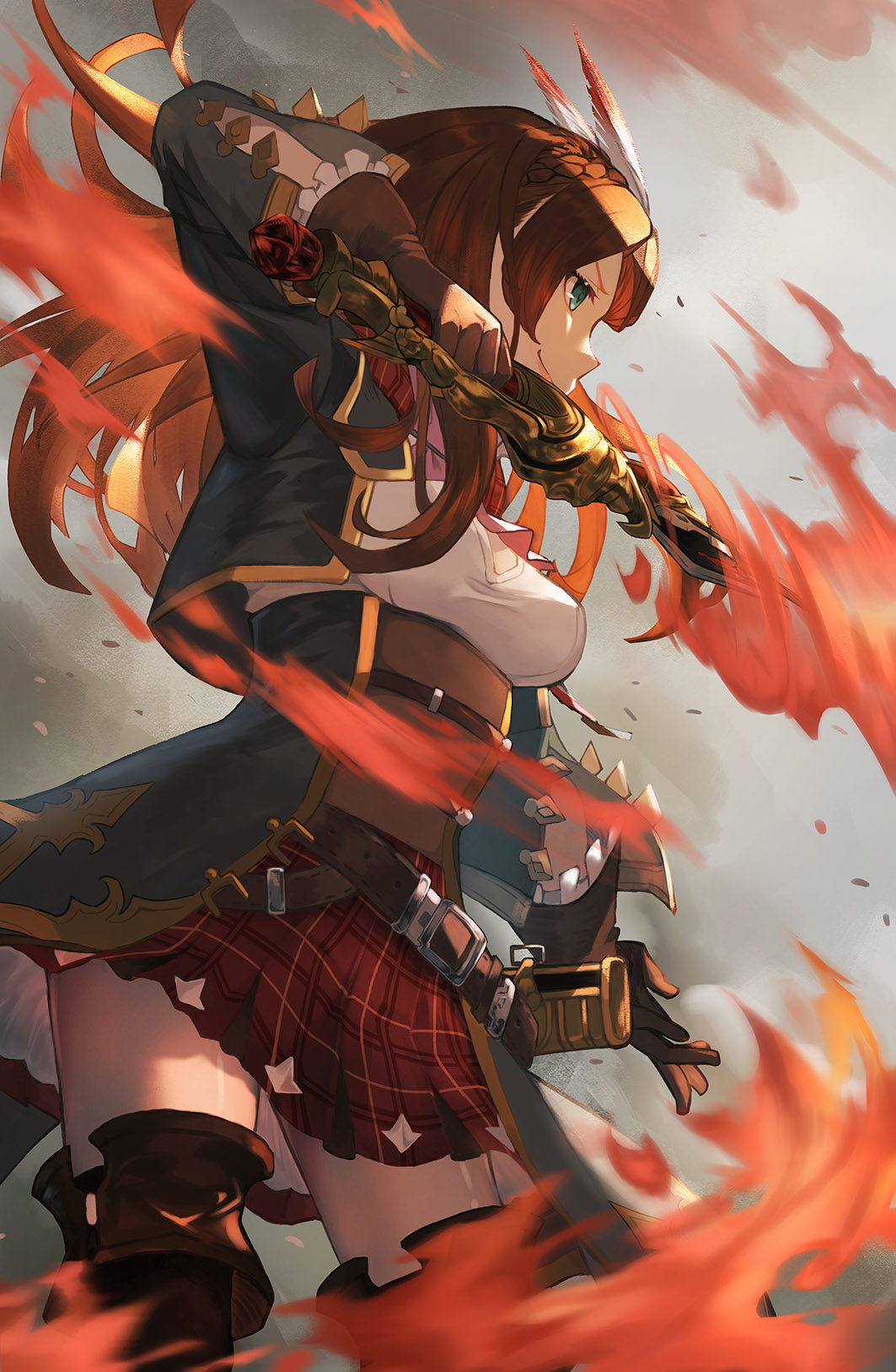 blue_eyes, boots, carren_(granblue_fantasy), fire, gloves, granblue_fantasy, hair_ornament, highres, holding, holding_sword, holding_weapon, jacket, long_hair, pleated_skirt, skirt, skymax, sword, thigh_boots, weapon