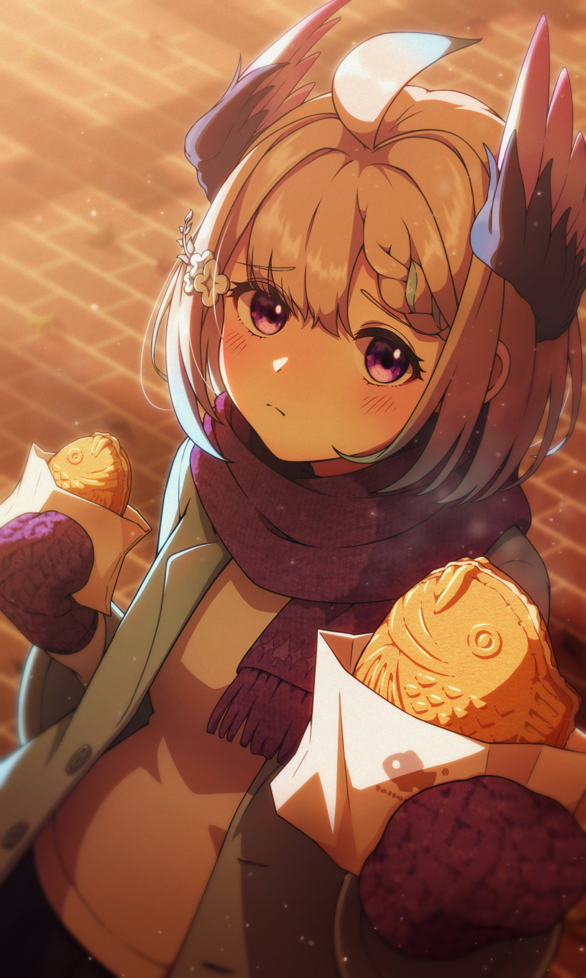 1girl, absurdres, ahoge, blonde_hair, blue_hair, blue_jacket, blue_wings, blush