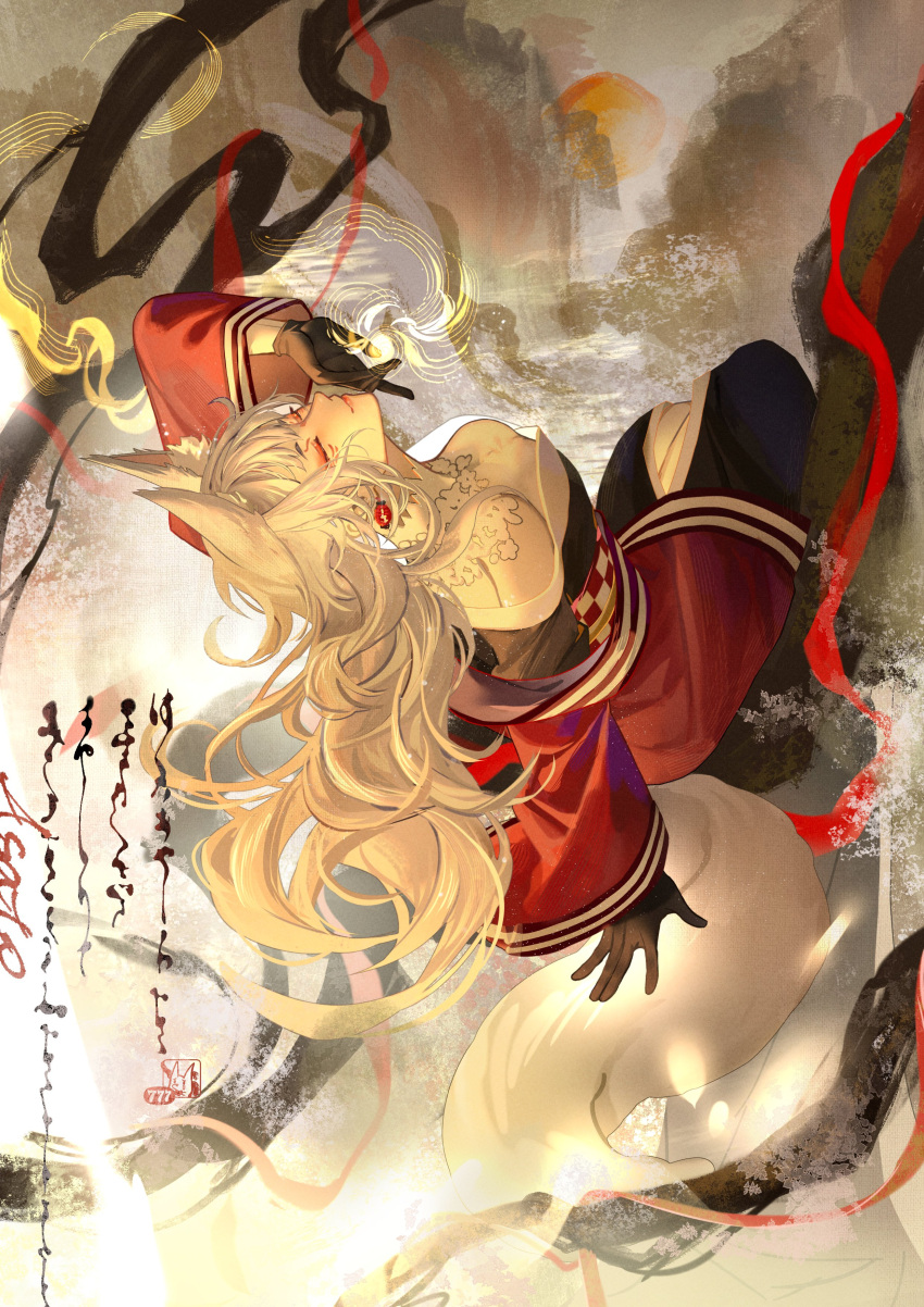 1girl, absurdres, animal_ears, black_gloves, closed_eyes, eyeshadow, fox_ears, fox_girl, fox_tail, gloves, grey_hair, highres, japanese_clothes, kimono, lantern_earrings, long_hair, makeup, nijisanji, nijisanji_en, nina_kosaka, nina_kosaka_(1st_costume), red_eyeshadow, red_kimono, smile, solo, tail, virtual_youtuber, yuelunyue