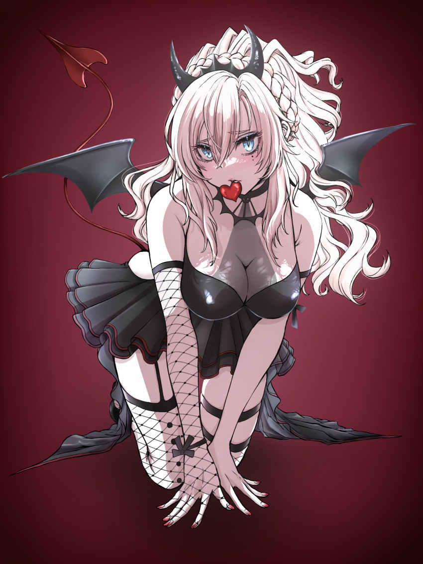 1girl, absurdres, black_dress, blue_eyes, breasts, candy, chocolate, demon_girl