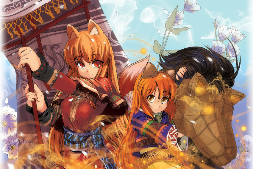animal_ears, belt, brown_hair, character_request, festival, flower, highres, holo