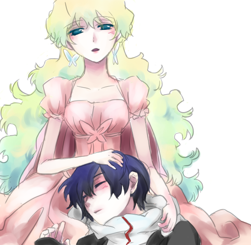 1girl, couple, dress, earrings, jacket, jewelry, nia_teppelin, pink_dress