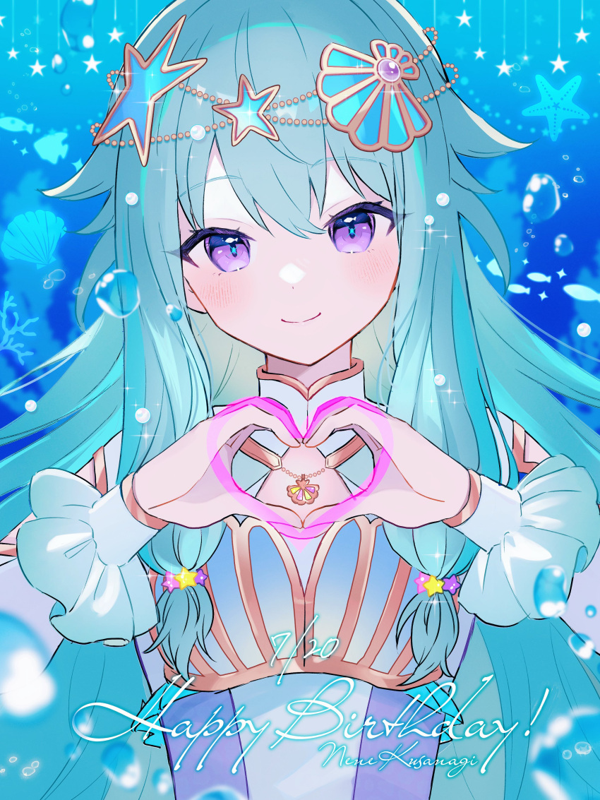 1girl, absurdres, air_bubble, aqua_dress, aqua_hair, blue_theme, blush, bubble
