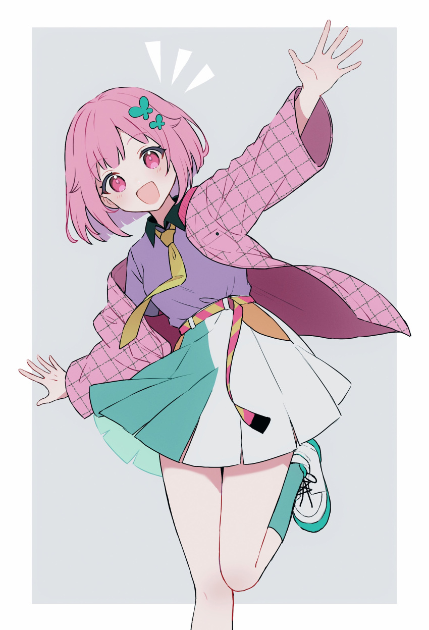 1girl, absurdres, aqua_skirt, aqua_socks, arms_at_sides, blush, butterfly_hair_ornament, collared_shirt