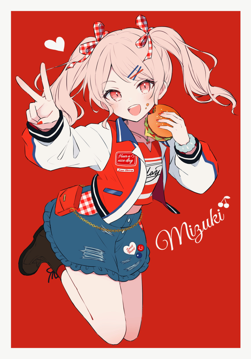 1other, absurdres, akiyama_mizuki, blue_skirt, boots, brown_footwear, burger, dotabata_cafe_rec!!_(project_sekai)