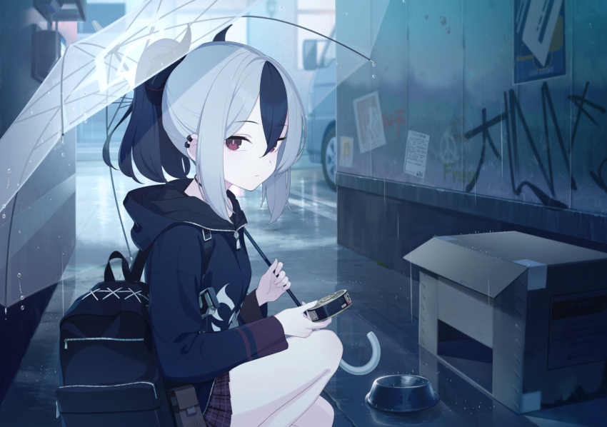 1girl, alley, artist_request, backpack, bag, black_bag, black_hair, black_hoodie