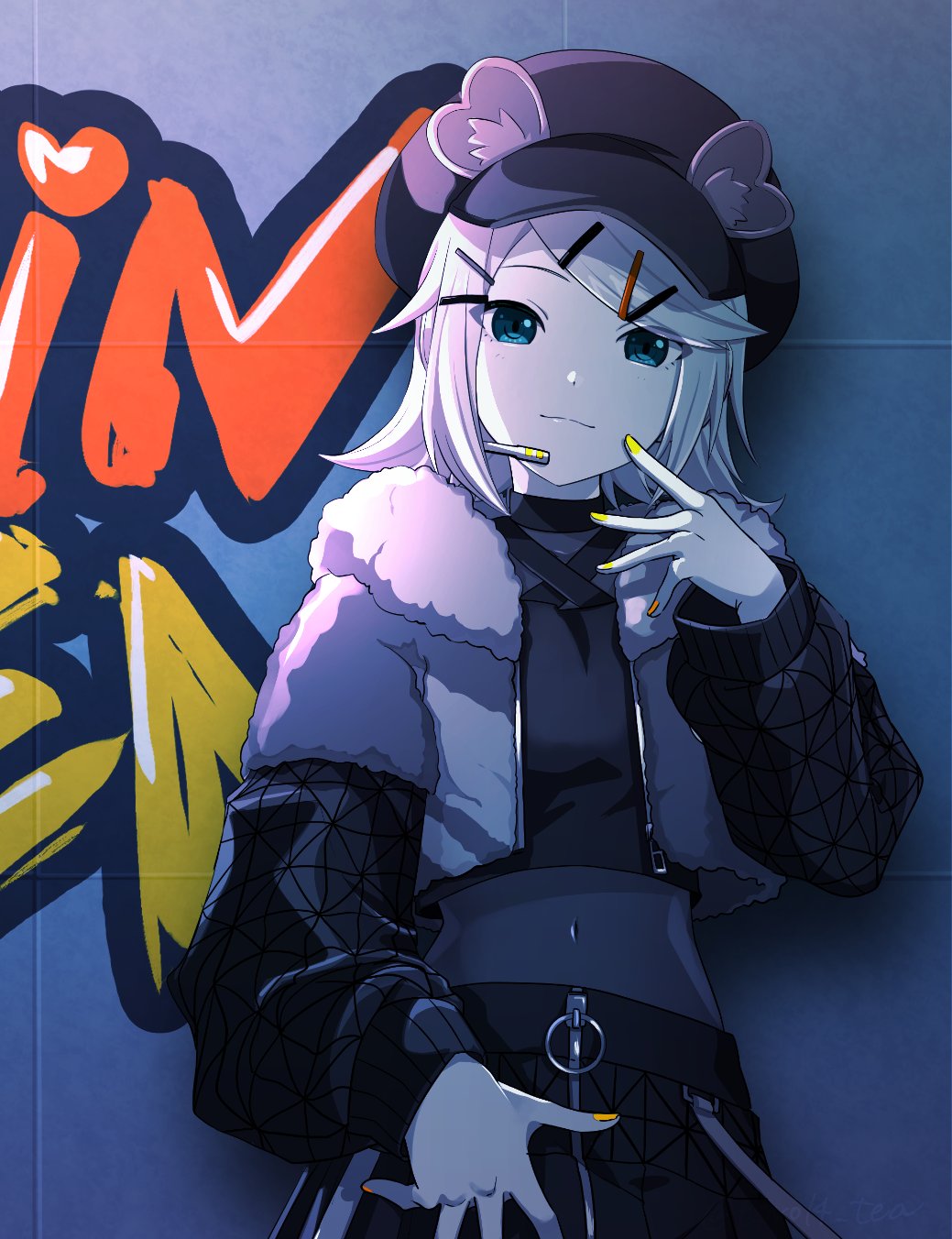 1girl, :3, against_wall, animal_ears, asa_no_ha_(pattern), awakening_beat_(project_sekai), black_bodysuit, black_headwear