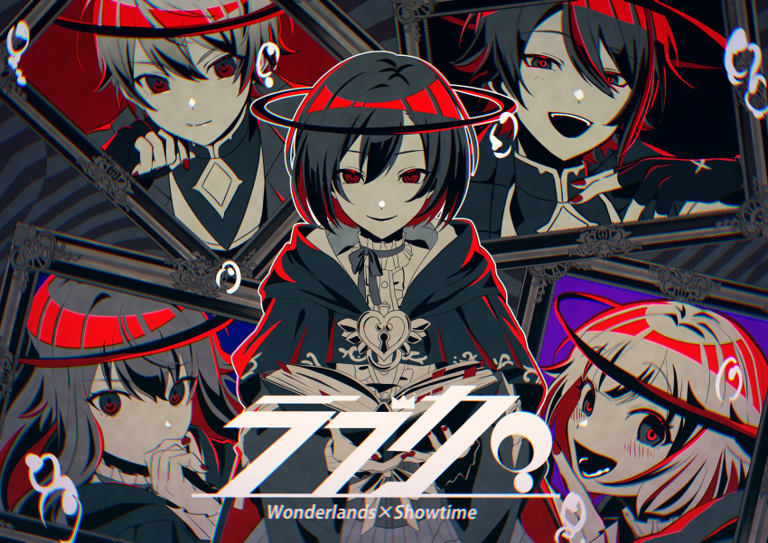 25-ji_meiko, 2boys, 3girls, black_gloves, boku_no_ashiato_kimi_no_yukusaki_(project_sekai), cape, fingerless_gloves, gloves, grey_cape, grey_eyes, grey_ribbon, halo, highres, kamishiro_rui, kusanagi_nene, lock, looking_at_viewer, love_ka?_(vocaloid), meiko_(vocaloid), monochrome, multicolored_hair, multiple_boys, multiple_girls, neck_ribbon, ootori_emu, open_mouth, project_sekai, red_eyes, red_nails, ribbon, shirt, short_hair, smile, streaked_hair, taro14_tea, tenma_tsukasa, upper_body, vocaloid, white_shirt, wonderlands_x_showtime_(project_sekai)