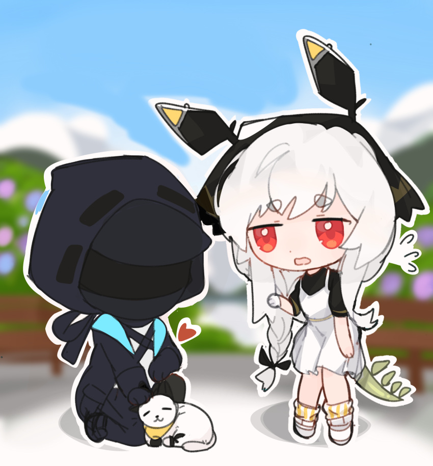 1girl, 1other, animal, arknights, black_jacket, black_pants, black_shirt, blue_sky, blurry, blurry_background, braid, cat, commentary_request, day, depth_of_field, doctor_(arknights), dress, flying_sweatdrops, gloves, grey_hair, heart, highres, hood, hood_up, hooded_jacket, jacket, long_hair, open_mouth, outdoors, outline, pants, puffy_short_sleeves, puffy_sleeves, red_eyes, shadow, shirt, shixietianhen, short_eyebrows, short_sleeves, single_glove, sky, sleeveless, sleeveless_dress, tail, thick_eyebrows, very_long_hair, weedy_(arknights), white_dress, white_gloves, white_outline, white_shirt