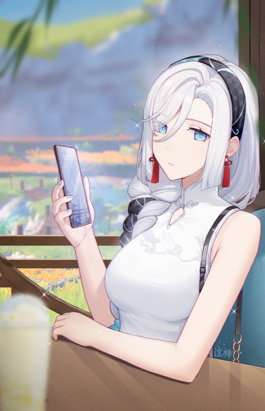 1girl, absurdres, architecture, bag, blurry, cellphone, chinese_clothes, commentary
