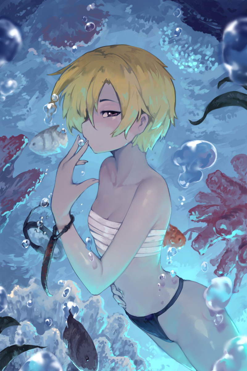 1girl, accessories, blonde_hair, bubble, chest_sarashi, coral, coral_reef, diving_mask