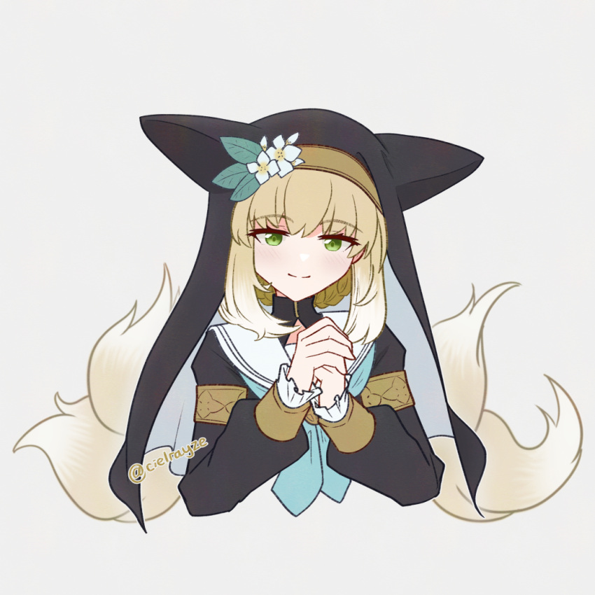 1girl, alternate_costume, aqua_neckerchief, arknights, black_dress, blonde_hair, blue_archive, cielrayze, commentary, cosplay, cropped_torso, dress, flower, fox_tail, gradient_hair, green_eyes, habit, hat, hat_flower, head_tilt, looking_at_viewer, mari_(blue_archive), mari_(blue_archive)_(cosplay), multicolored_hair, multiple_tails, neckerchief, nun, own_hands_together, sailor_collar, short_hair, simple_background, smile, solo, suzuran_(arknights), symbol-only_commentary, tail, twitter_username, upper_body, white_background, white_flower, white_hair, white_sailor_collar