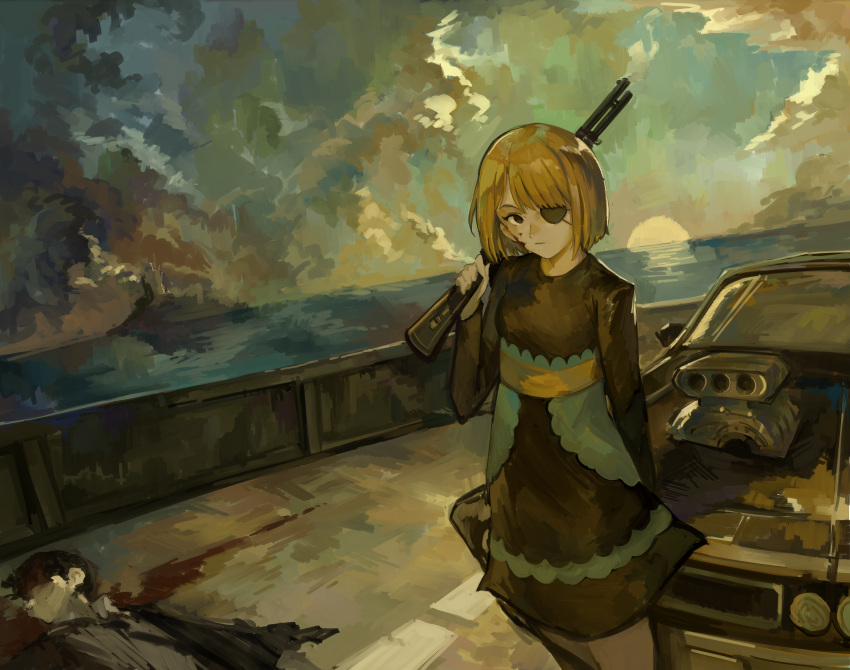 1boy, 1girl, absurdres, blood, blood_on_face, blood_stain, bob_cut, car