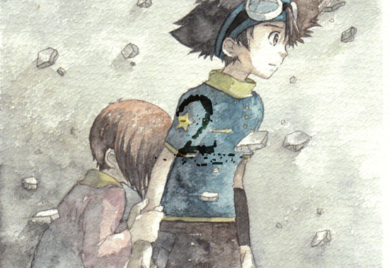 digimon, digimon_adventure, hug, rina_(michishirube), sad, siblings, traditional_media, watercolor_(medium), yagami_hikari, yagami_taichi