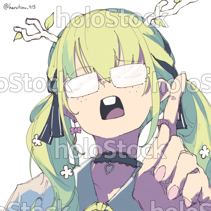 1girl, antlers, black_choker, buck_teeth, ceres_fauna, ceres_fauna_(3rd_costume), choker, closed_eyes, freckles, frilled_choker, frills, glasses, green_hair, harutimu, highres, hololive, hololive_english, index_finger_raised, jirai_kei, leaf, nerd_emoji, opaque_glasses, partially_opaque_glasses, shutterstock, teeth, twintails, twitter_username, white_background