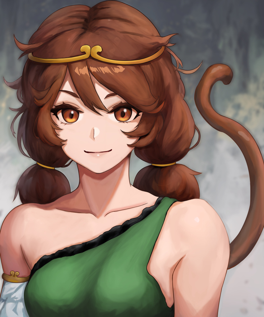 1girl, absurdres, bare_shoulders, brown_eyes, brown_hair, circlet, close-up, closed_mouth
