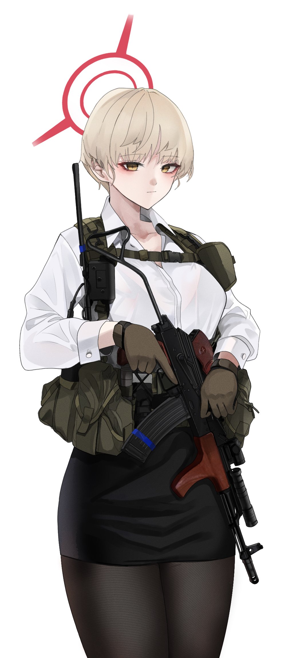 1girl, assault_rifle, black_pantyhose, black_skirt, blonde_hair, blue_archive, brown_gloves, character_request