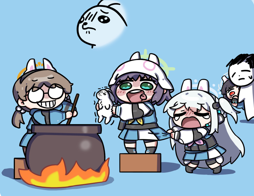 1boy, 4girls, absurdres, arona's_sensei_doodle_(blue_archive), beleullin, blue_archive, blush, chibi