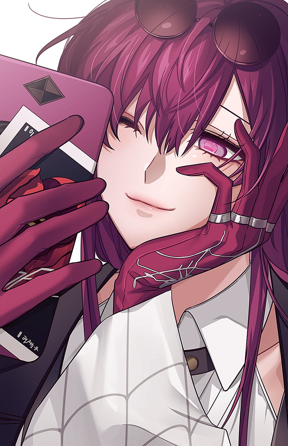 1girl, cellphone, commentary, eyewear_on_head, gloves, hands_up, highres, holding, holding_phone, honkai:_star_rail, honkai_(series), kafka_(honkai:_star_rail), omegiricecake, one_eye_closed, phone, purple_gloves, purple_hair, round_eyewear, shirt, smartphone, smile, solo, sunglasses, symbol-only_commentary, upper_body, white_shirt