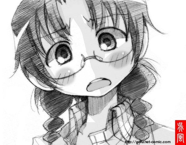 braid, glasses, gofu, kuriyama_aiko, mitsudomoe, monochrome, open_mouth, solo