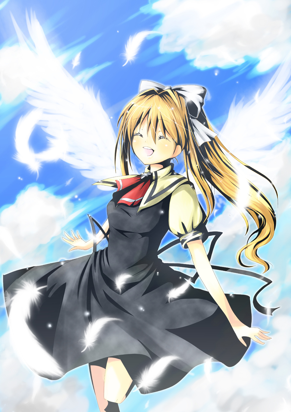 blonde_hair, closed_eyes, highres, kamio_misuzu, long_hair, mi_hitsuji, ponytail, school_uniform