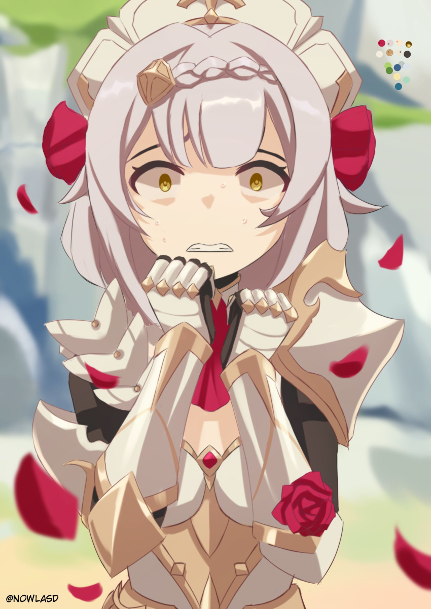 1girl, absurdres, armor, armored_dress, artist_name, blurry, blurry_background, braid