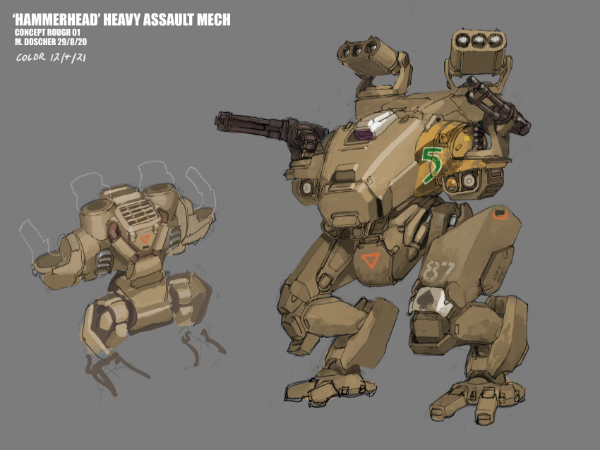 2020, 2021, absurdres, ace_(playing_card), ace_of_spades, card, concept_art, dated, english_commentary, english_text, gatling_gun, gun, hammerhead_heavy_assault_mech, highres, machinery, mecha, mike_doscher, military, missile_pod, multiple_views, no_humans, original, playing_card, realistic, robot, science_fiction, signature, spade_(shape), walker, weapon