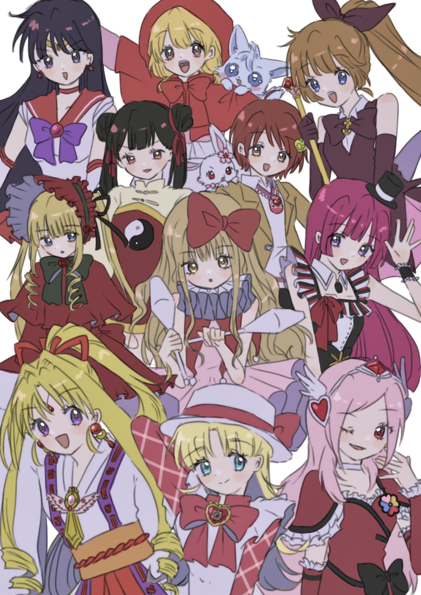 6+girls, akazukin_chacha, animal, arm_up, ashita_no_nadja, atat_karubi, bishoujo_senshi_sailor_moon, black_bow