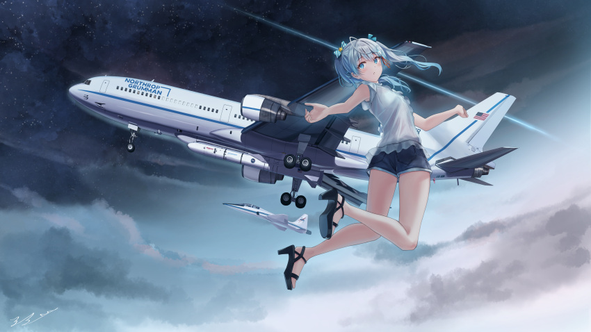 1girl, absurdres, aircraft, airplane, blue_eyes, bow, clouds, cloudy_sky, fighter_jet, hair_between_eyes, hair_bow, high_heels, highres, indie_virtual_youtuber, jet, looking_at_viewer, midair, military_vehicle, night, open_mouth, outdoors, png_pant_(bus), shooting_star, short_shorts, shorts, sky, sleeveless, solo, star_(sky), starry_sky, twintails, usui_clear, virtual_youtuber, white_hair