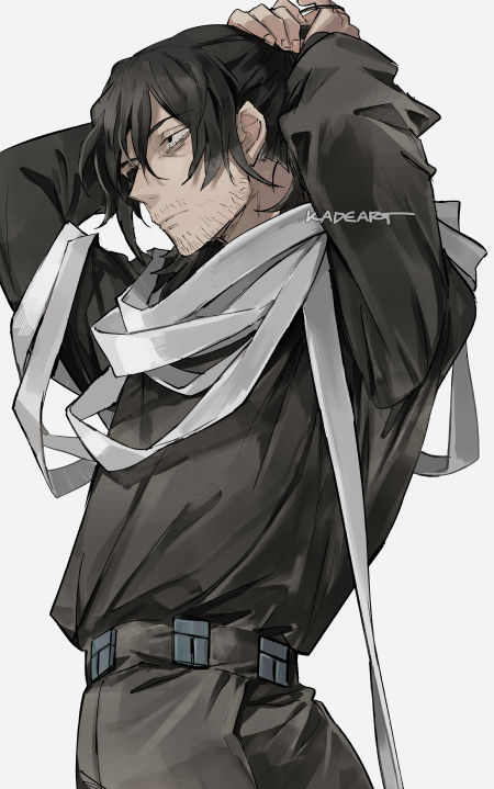 1boy, bags_under_eyes, black_pants, boku_no_hero_academia, closed_mouth, eraser_head_(boku_no_hero_academia), fingernails, kadeart