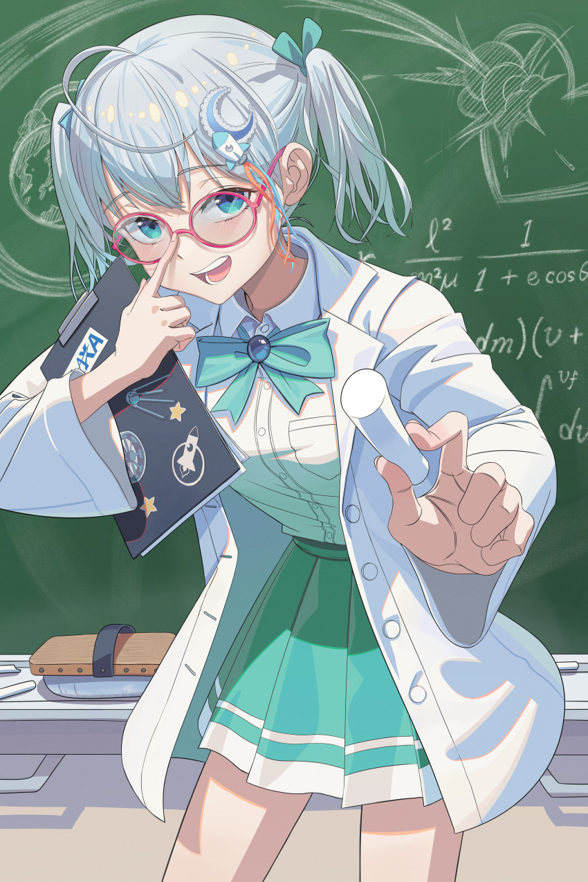 1girl, absurdres, adjusting_eyewear, blue_eyes, blue_ribbon, board_eraser, breast_pocket, chalk, chalkboard, classroom, clipboard, coat, collared_shirt, glasses, green_skirt, highres, holding, holding_chalk, holding_clipboard, indie_virtual_youtuber, indoors, looking_at_viewer, open_mouth, pleated_skirt, pocket, ranari, red-framed_eyewear, ribbon, round_eyewear, shirt, shirt_tucked_in, short_twintails, skirt, smile, solo, teeth, tongue, tongue_out, twintails, upper_teeth_only, usui_clear, virtual_youtuber, white_hair, white_shirt