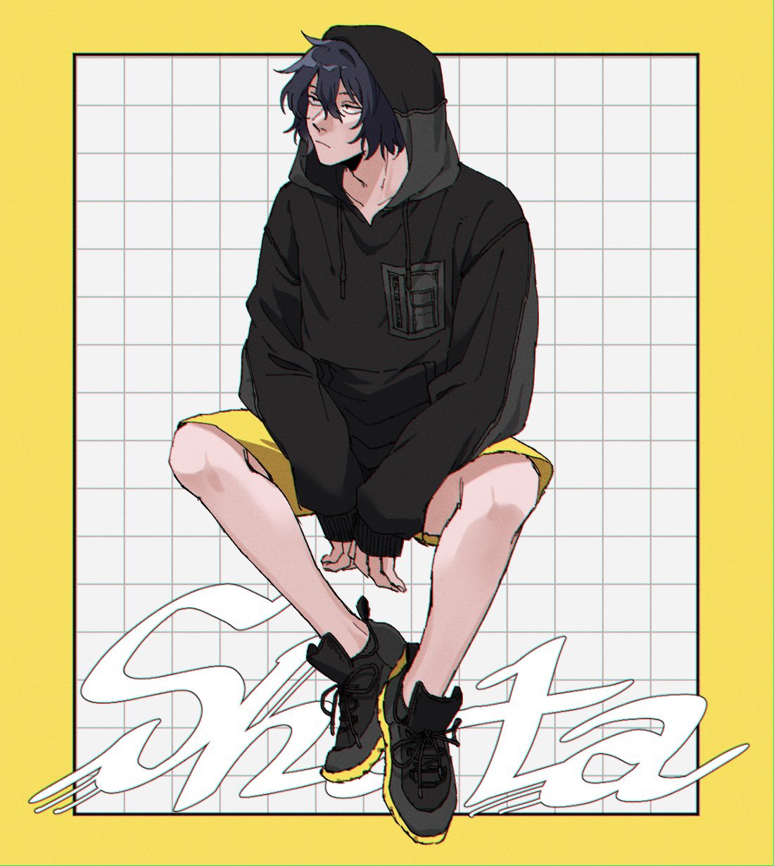 1boy, aged_down, alternate_costume, black_footwear, black_hoodie, boku_no_hero_academia, border, character_name