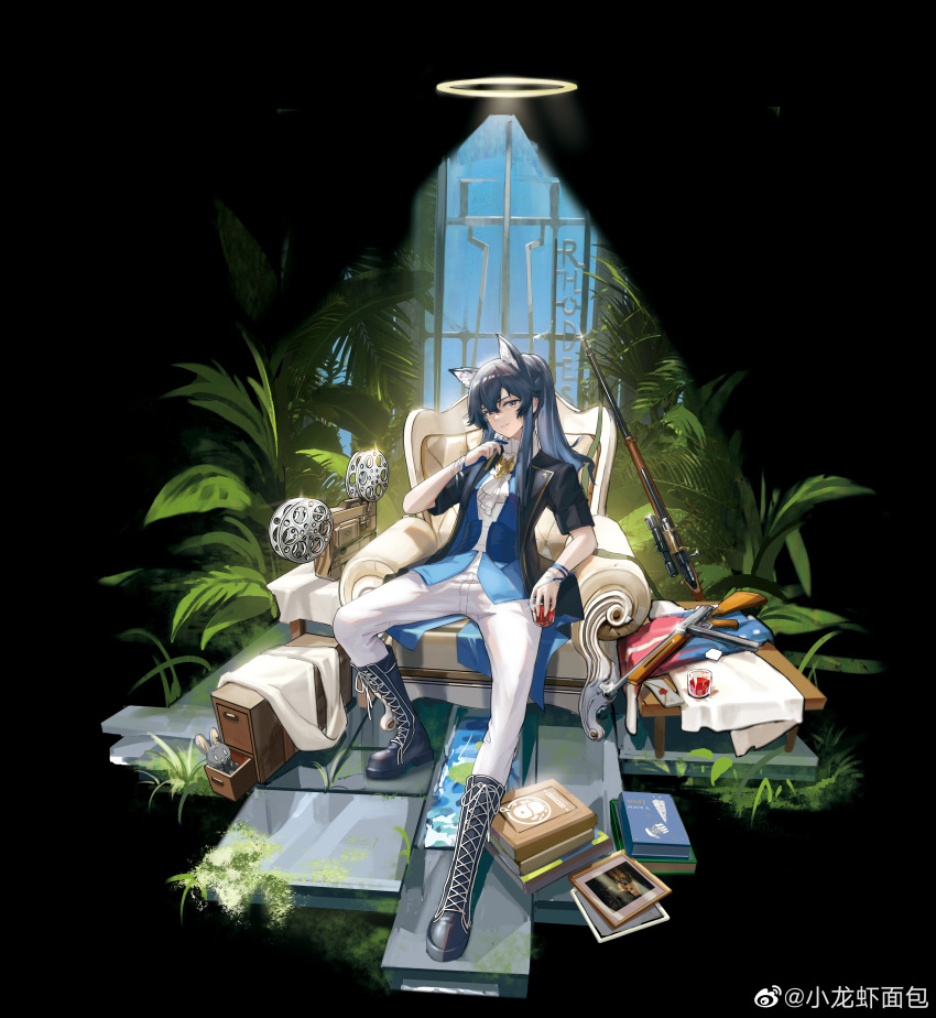 1girl, absurdres, animal_ears, arknights, ascot, black_background, black_footwear, black_hair, black_jacket, book, book_stack, boots, brown_eyes, chair, cross-laced_footwear, cup, easy_chair, faux_figurine, full_body, grin, gun, hair_between_eyes, halo, hand_up, highres, holding, holding_cup, jacket, knee_boots, lace-up_boots, long_hair, looking_at_viewer, movie_projector, on_chair, pants, pants_tucked_in, plant, rifle, shirt, short_sleeves, sitting, smile, sniper_rifle, solo, spread_legs, table, tablecloth, texas_(arknights), weapon, weibo_logo, weibo_username, white_ascot, white_pants, white_shirt, window, wolf_ears, xiao_longxia_mianbao