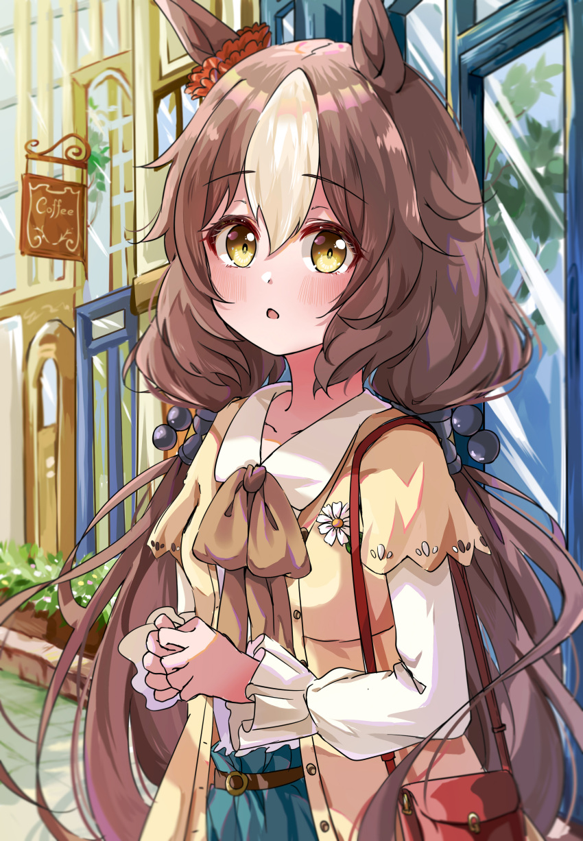 1girl, absurdres, alternate_costume, animal_ears, bag, blush, breasts, brown_hair