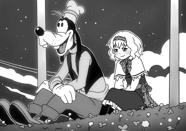 1girl, alice_margatroid, animal_ears, capelet, closed_mouth, colorfulkitten, commentary, derivative_work, disney, dog_ears, dress, english_commentary, frilled_hairband, frills, gloves, goofy, greyscale, hairband, hat, long_sleeves, monochrome, night, outdoors, pants, parody, shoes, short_hair, sitting, sky, smile, star_(sky), starry_sky, third-party_edit, third-party_source, touhou, vest, wavy_hair