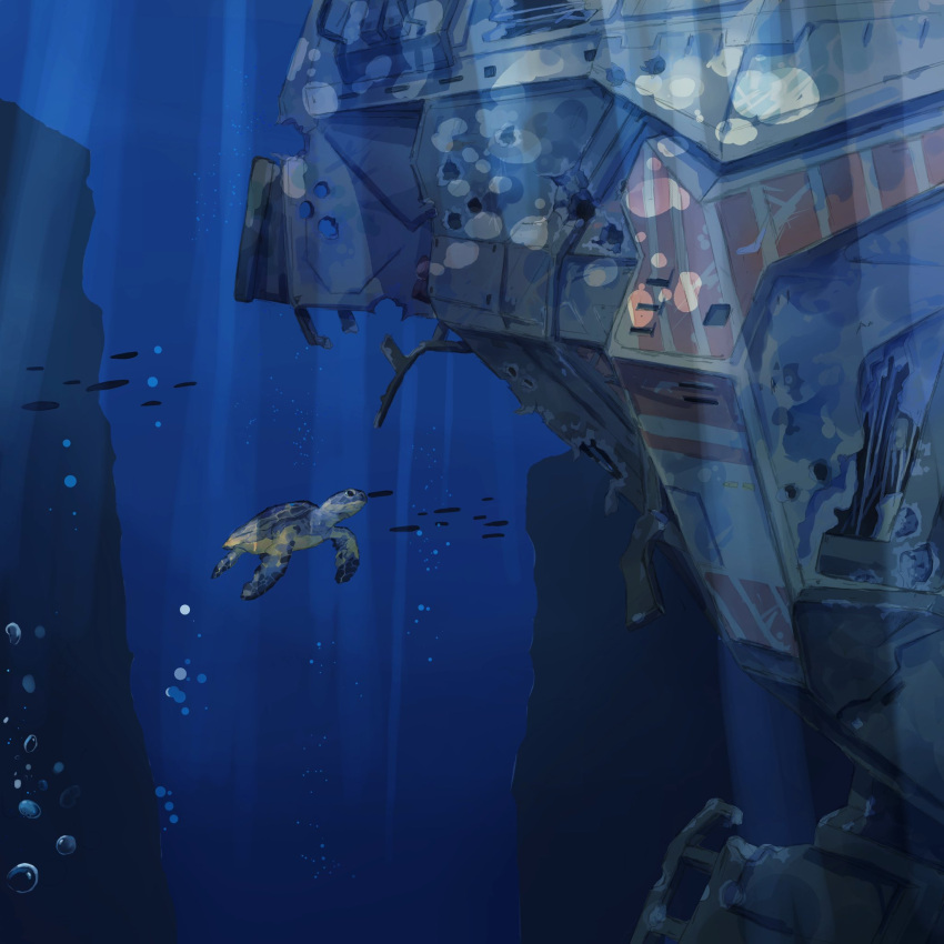 battle_of_titans, bubble, fish, highres, light_rays, mecha, ocean, robot, scenery, sea_turtle, submerged, sunbeam, sunlight, tagme, tirpitz_(battle_of_titans), turtle, vdt, walker, wreckage