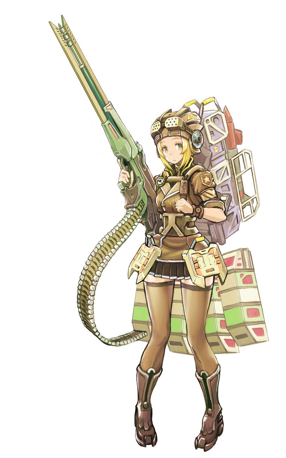 1girl, armor, artist_request, battle_of_titans, blonde_hair, boots, brown_thighhighs, clenched_hand, closed_mouth, goggles, goggles_on_headwear, green_eyes, hat, highres, holding, holding_weapon, looking_at_viewer, magazine_(weapon), mecha_musume, military_uniform, missile_pod, nelly_(battle_of_titans), personification, plate_armor, pleated_skirt, railgun, skirt, standing, thigh-highs, uniform, weapon