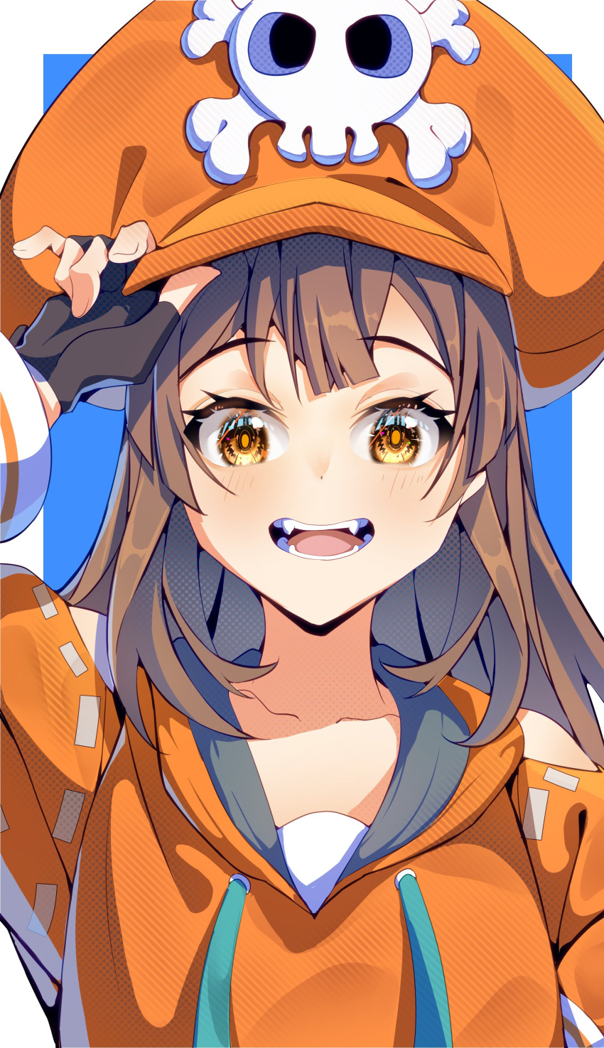 1girl, absurdres, adjusting_clothes, adjusting_headwear, black_gloves, blush, boqee, brown_hair