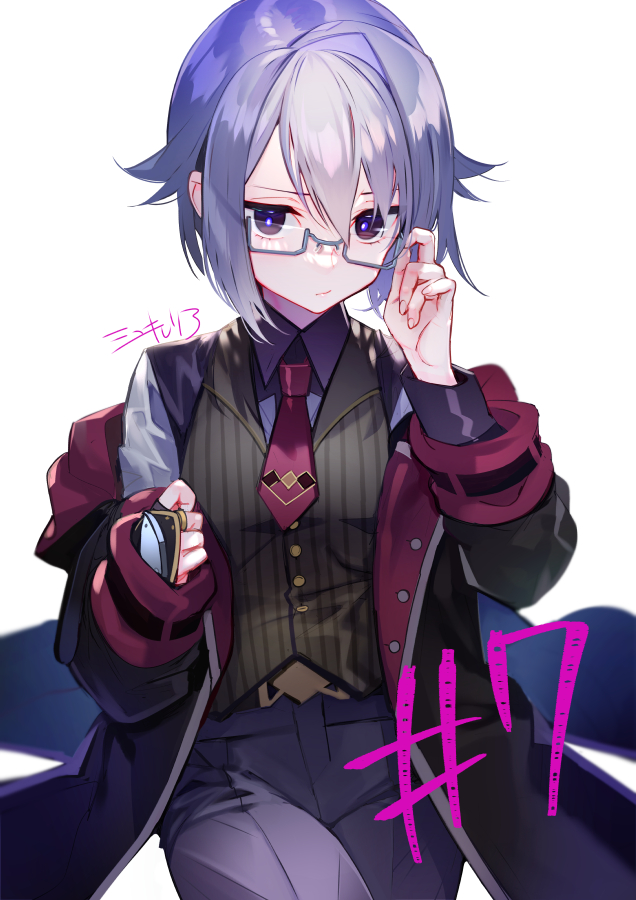1boy, glasses, grey_eyes, grey_hair, kimberly_magic_academy_school_uniform, looking_at_viewer, miyuki_ruria, nanatsu_no_maken_ga_shihai_suru