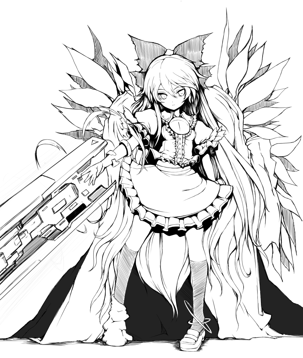 arm_cannon, asymmetrical_clothes, bad_id, bow, hair_bow, lineart, long_hair, mismatched_footwear