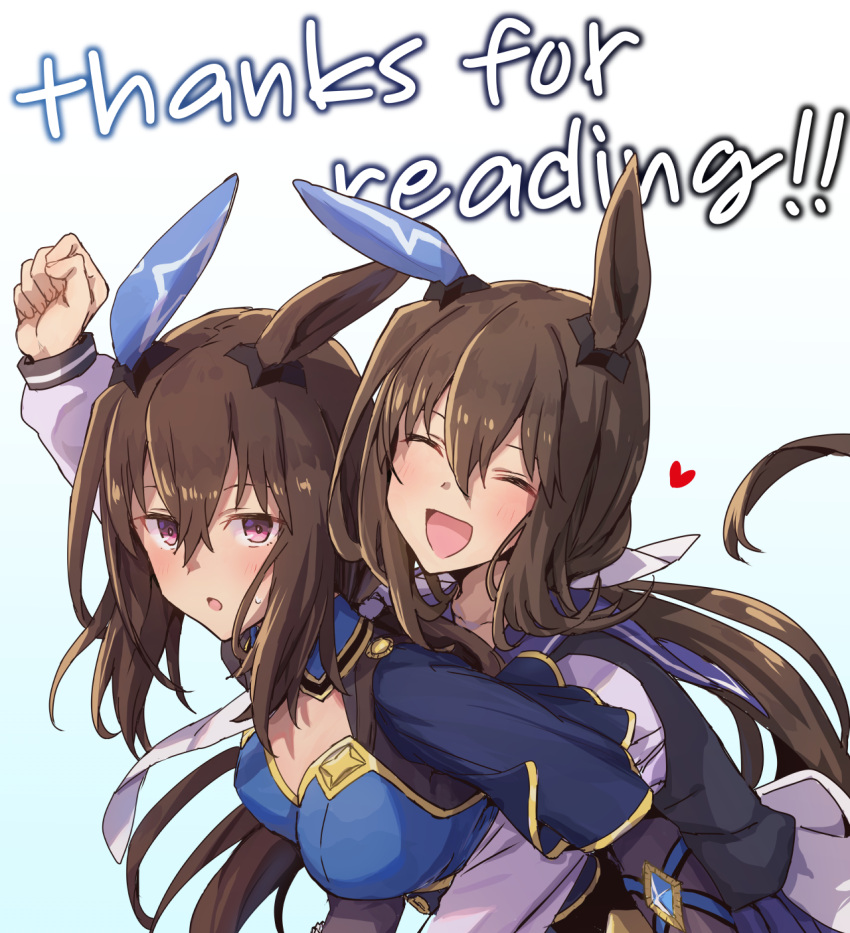 2girls, admire_vega's_twin_sister_(umamusume), admire_vega_(umamusume), animal_ears, arm_up, blue_capelet, bow, brown_hair, capelet, clenched_hand, closed_eyes, comiket_102, commentary_request, ear_covers, ear_ornament, english_text, gold_trim, hair_between_eyes, hair_bow, heart, highres, horse_ears, horse_girl, long_hair, looking_at_viewer, multiple_girls, open_mouth, purple_sailor_collar, purple_shirt, sailor_collar, school_uniform, shirt, siblings, sidelocks, sideways_glance, single_ear_cover, sisters, starheart, tail, tracen_school_uniform, twins, umamusume, upper_body, white_bow, winter_uniform