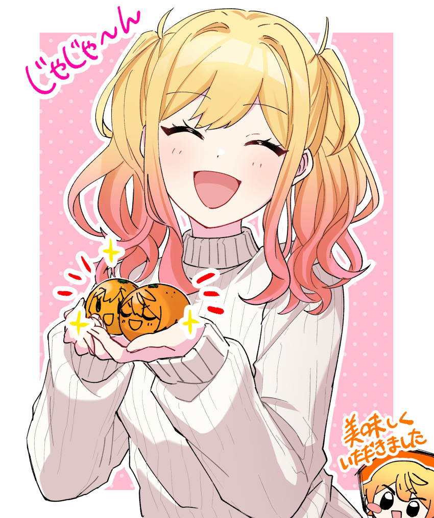 1boy, 1girl, absurdres, blonde_hair, blush, closed_eyes, commentary_request, food