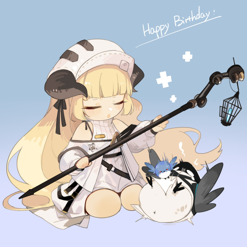 1girl, :o, absurdly_long_hair, arknights, bare_shoulders, bird, blonde_hair, blue_background, blush, chibi, closed_eyes, clothing_cutout, demon_girl, demon_horns, dress, happy_birthday, hat, highres, holding, holding_staff, horns, horns_through_headwear, junchao, long_hair, nightingale_(arknights), open_mouth, seiza, shoulder_cutout, simple_background, sitting, solo, staff, very_long_hair, white_dress, white_headwear