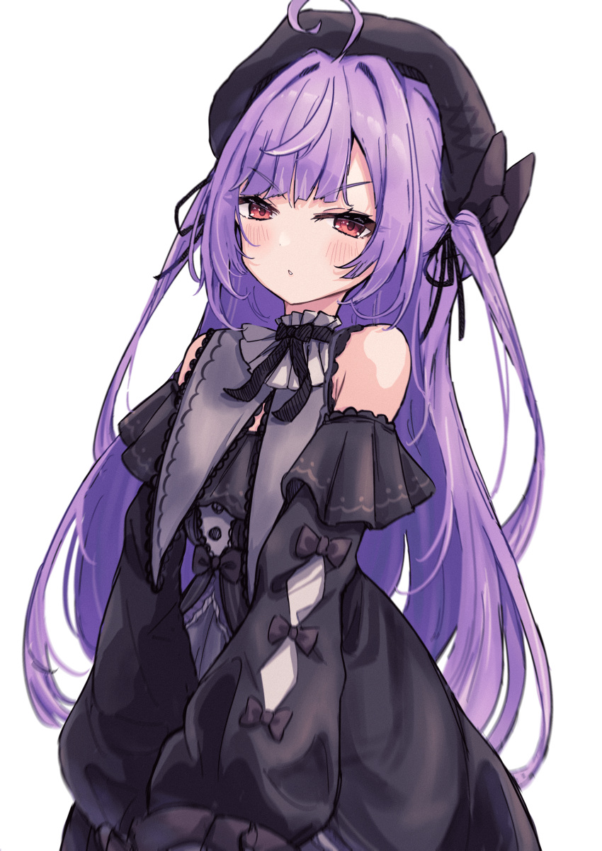 1girl, absurdres, ahoge, beret, black_bow, black_dress, black_headwear, blunt_bangs, blush, bow, collar, commentary_request, cowboy_shot, cowlick, cross_tie, dress, flat_chest, frilled_dress, frills, grey_collar, hat, highres, long_hair, looking_at_viewer, medium_bangs, multicolored_hair, nanashi_inc., off-shoulder_dress, off_shoulder, official_alternate_costume, open_mouth, purple_hair, red_eyes, shishishi, shisui_kiki, shisui_kiki_(2nd_costume), simple_background, sleeve_bow, sleeves_past_fingers, sleeves_past_wrists, solo, streaked_hair, transparent_background, v-shaped_eyebrows, very_long_hair, virtual_youtuber