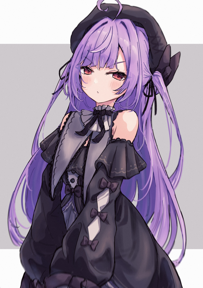 1girl, absurdres, ahoge, beret, black_bow, black_dress, black_headwear, blunt_bangs, blush, bow, collar, commentary_request, cowboy_shot, cowlick, cross_tie, dress, flat_chest, frilled_dress, frills, grey_background, grey_collar, hat, highres, long_hair, looking_at_viewer, medium_bangs, multicolored_hair, nanashi_inc., off-shoulder_dress, off_shoulder, official_alternate_costume, open_mouth, purple_hair, red_eyes, shishishi, shisui_kiki, shisui_kiki_(2nd_costume), sleeve_bow, sleeves_past_fingers, sleeves_past_wrists, solo, streaked_hair, two-tone_background, v-shaped_eyebrows, very_long_hair, virtual_youtuber, white_background