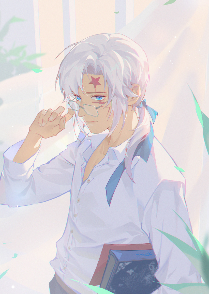 1boy, absurdres, adjusting_eyewear, allen_walker, blue_eyes, blue_ribbon, book, closed_mouth