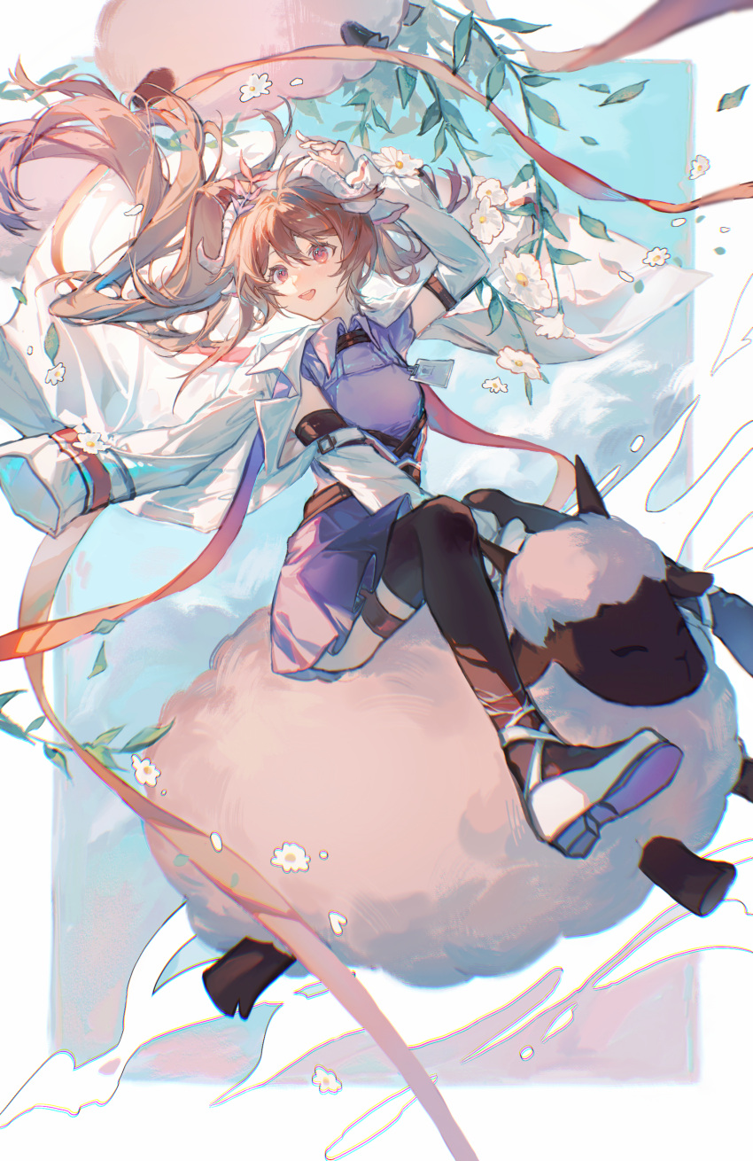 1girl, absurdres, animal, animal_ears, arknights, black_thighhighs, brown_hair, collared_shirt