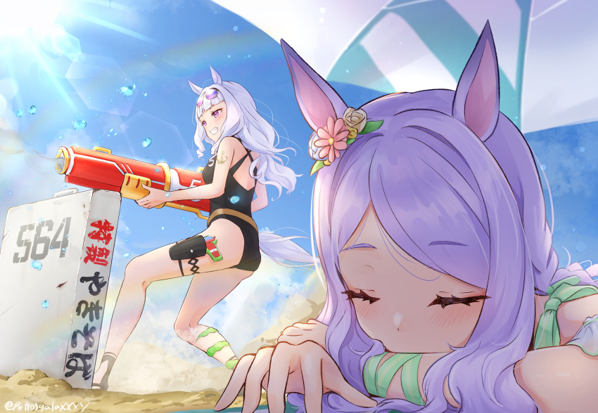 2girls, animal_ears, bare_shoulders, beach, black_footwear, black_one-piece_swimsuit, blunt_bangs, closed_eyes, commentary, curly_hair, ear_flower, eyewear_on_head, flower_request, gold_ship_(run_revolt_launcher)_(umamusume), gold_ship_(umamusume), gundam, gundam_08th_ms_team, head_rest, highres, holding, holster, horse_ears, horse_girl, horse_tail, lens_flare, light_purple_hair, long_hair, lying, mejiro_mcqueen_(ripple_fairlady)_(umamusume), mejiro_mcqueen_(umamusume), multiple_girls, number_pun, official_alternate_costume, official_alternate_hairstyle, on_stomach, one-piece_swimsuit, outdoors, parasol, parted_bangs, peteron, pun, purple_hair, rainbow, seaweed, shining_shoot_(pose), sidelocks, sleeping, summer, sun, sunglasses, sunlight, super_smashing_summer_vacation_(umamusume), swimsuit, tail, thigh_holster, too_literal, translated, twitter_username, umamusume, umbrella, violet_eyes, water_drop, water_gun